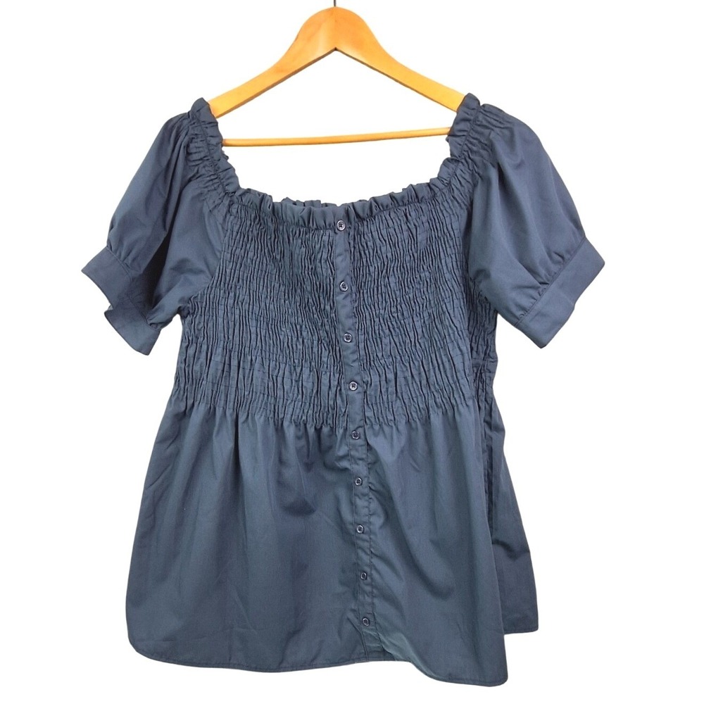 Rouge Collection Blouse Womens 3X Blue Babydoll‎ Smocked Off Shoulder Top Boho